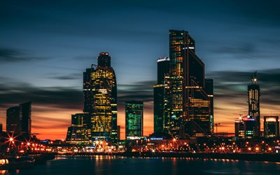 4k, Moscow City, panorama, modern buildings, skyscrapers, Russia, nightscapes, Moscow