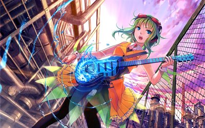 Gumi, street, blue guitar, green hair, manga, Vocaloid