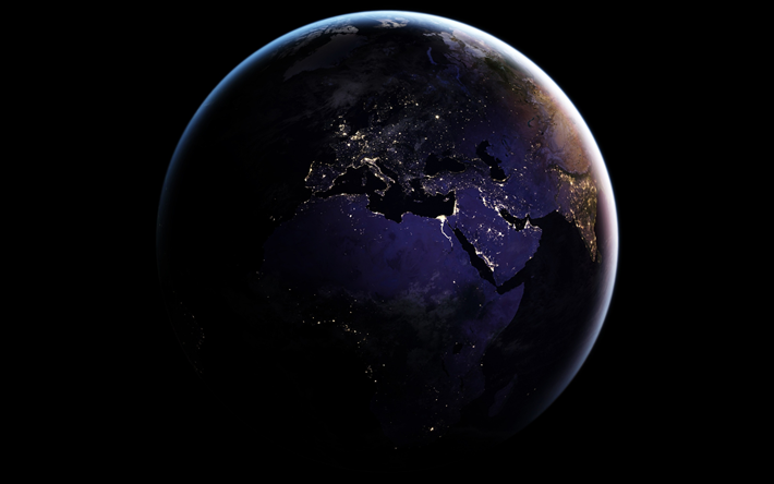 Terre de nuit depuis l&#39;espace, les lumi&#232;res des villes, en Europe, en Afrique, en M&#233;diterran&#233;e, Terre, plan&#232;te