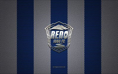Reno FC logo, American soccer club, metal emblem, blue and white metal mesh background, Reno FC, USL, Reno, Nevada, USA, soccer