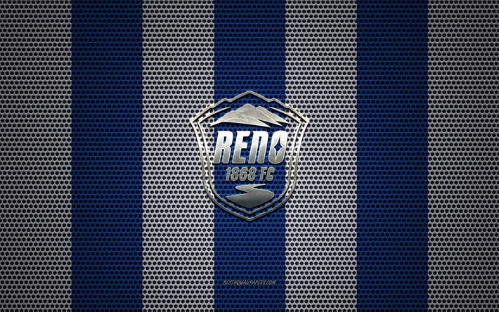 Reno FC logosu, Amerikan Futbol Kul&#252;b&#252;, metal amblem, mavi ve beyaz metal kafes arka plan, Reno FC, USL, Reno, Nevada, ABD, futbol