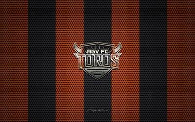 Rio Grande Valley Toros FC logo, American soccer club, metal emblem, orange-black metal mesh background, Rio Grande Valley Toros FC, USL, Edinburg, Texas, USA, soccer