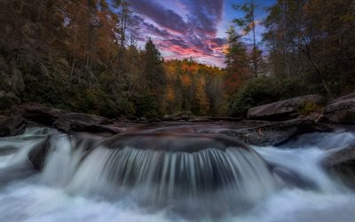 waterfall, mountain river, forest, evening, sunset, river, USA
