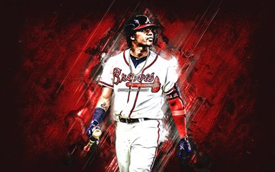 Ronald Acuna, Atlanta Braves, MLB, Venezuelan baseball player, portrait, red stone background, baseball, Major League Baseball