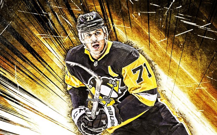 4k, Evgeni Malkin, grunge de l&#39;art, de la LNH, les Penguins de Pittsburgh, des &#233;toiles du hockey, Geno, les joueurs de hockey, de hockey, de jaune abstrait rayons, etats-unis, Evgeni Malkin 4K