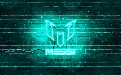 Lionel Messi turquoise logo, 4k, turquoise brickwall, Leo Messi, fan art, Lionel Messi logo, football stars, Lionel Messi neon logo, Lionel Messi