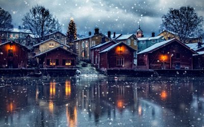 Porvoo, 4k, winter, snowfall, finnish cities, nightscapes, Finland, Europe