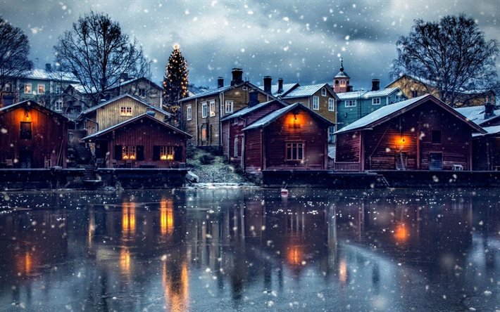 Porvoo, 4k, invierno, nieve, finland&#233;s ciudades, paisajes nocturnos, Finlandia, Europa