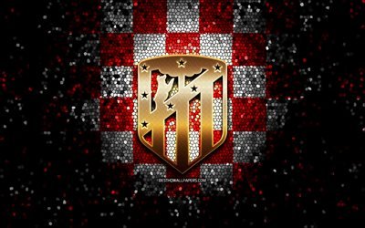 Atletico Madrid FC, glitter logo, La Liga, red white checkered background, soccer, Atletico Madrid, spanish football club, Atletico Madrid logo, mosaic art, football, LaLiga, Spain