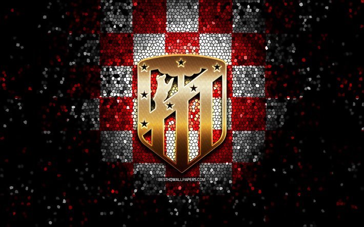 Atletico Madrid FC, glitter logo, UEFA Şampiyonlar Ligi, kırmızı, beyaz arka plan, futbol, Atletico Madrid, İspanyol Futbol Kul&#252;b&#252;, Atletico Madrid logo, mozaik sanatı, futbol damalı, LaLiga, İspanya