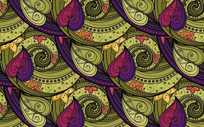 4k, green paisley background, artwork, paisley patterns, floral patterns, background with flowers, retro paisley patterns, retro floral background