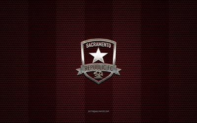 Sacramento Republic FC logo, American soccer club, metal emblem, burgundy metal mesh background, Sacramento Republic FC, USL, Sacramento, California, USA, soccer