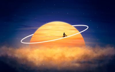 abstract nightscapes, 4k, moon, cyclist silhouette, clouds, creative, abstract art