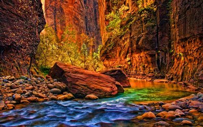 Zion National Park, HDR, Virgin River, canyon, rocks, beautiful nature, Utah, America, USA