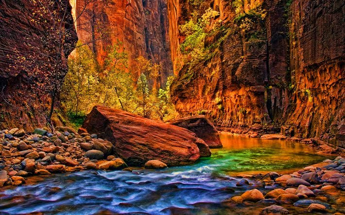 Zion National Park, HDR, Virgin River, canyon, stenar, vacker natur, Utah, Amerika, USA