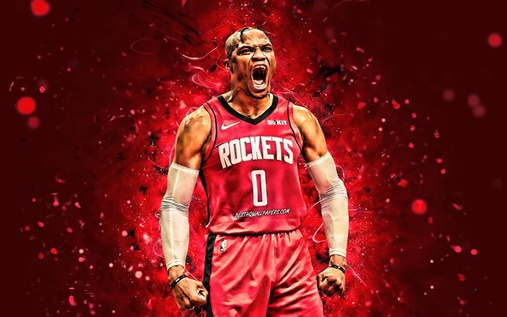 4k, Russell Westbrook, sevin&#231;, Houston Rockets, NBA, kırmızı neon ışıkları, basketbol yıldızları, 2020, Russell Westbrook III, basketbol, Russell Westbrook 4K, ABD, Russell Westbrook Houston Rockets, yaratıcı