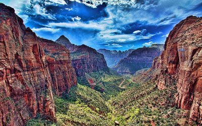 Zion National Park, summer, canyon, beautiful nature, Utah, America, USA, HDR, american landmarks