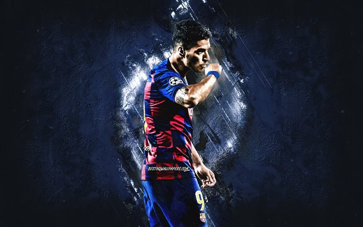 Luis Suarez, FC Barcelona, Uruguaylainen jalkapalloilija, muotokuva, Liiga, sininen kivi tausta, jalkapallo, Espanja, Katalonia