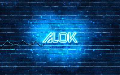 Alok logo bleu, 4k, superstars, le br&#233;silien DJs, bleu brickwall, Alok nouveau logo, Alok Achkar Peres Petrillo, Alok, stars de la musique, Alok n&#233;on logo, Alok logo