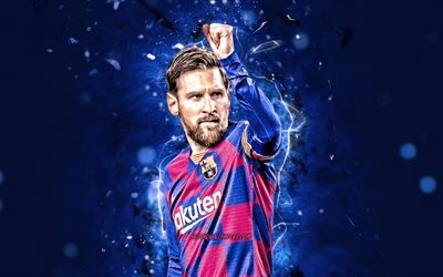 Lionel Messi, goal, Barcelona FC, La Liga, joy, argentinian footballers, FCB, football stars, 2020, Messi, Leo Messi, blue neon lights, Barca, soccer, LaLiga, Spain