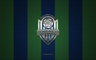 Oklahoma City Energy FC logo, American soccer club, metal emblem, blue green metal mesh background, Oklahoma City Energy FC, USL, Oklahoma City, Oklahoma, USA, soccer