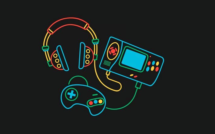 game concepts, game console, headphones, joystick, games icon, color art