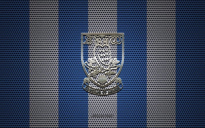 Sheffield Wednesday FC logotipo, Clube de futebol ingl&#234;s, emblema de metal, blue metal branco de malha de fundo, Sheffield Wednesday FC, EFL Campeonato, Sheffield, South Yorkshire, Inglaterra, futebol