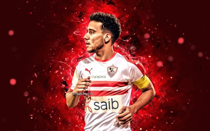 Mostafa Fathi, 4k, egyptian footballers, Zamalek FC, Egyptian Premier League, Mostafa Mohamed Fathi Abdel-Hameid, soccer, football, neon lights, Zamalek SC, Mostafa Fathi 4K