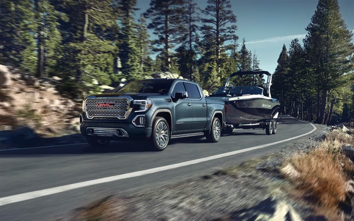 2020, GMC Sierra 1500 Denali, pickup truck with trailer for the boat, exterior, new gray GMC Sierra, american cars, boat transportation concepts, Luxury Truck, GMC