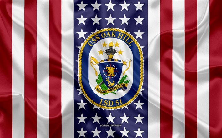 USSオークヒルエンブレム, LSD-51, アメリカのフラグ, 米海軍, 米国, USSオークヒバッジ, 米軍艦, エンブレムのUSSオークヒ