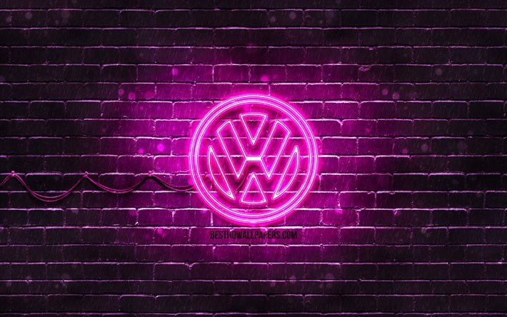 Volkswagen purple logo, 4k, purple, mur de briques, logo Volkswagen, cars brands, Volkswagen neon logo, Volkswagen