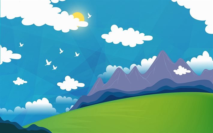 Cartoon summer landscape, carton mountain landscape, mountains, white clouds, blue sky, green meadow