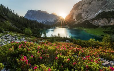 Seebensee, mountain lake, evening, sunset, Alps, mountain landscape, natural alpine lake, Mieming Range, Tyrol, Austria