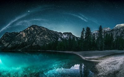 Alps, lake, starry sky, beautiful nature, mountains, forest, Dolomites, Italy, Europe