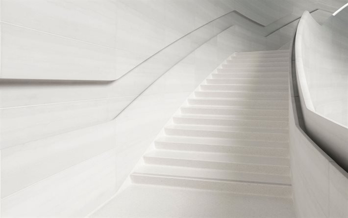 白3d階段, 白い階段, 現代のお洒落なデザイン階段, 白い大理石の壁, 階段