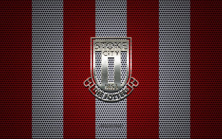 Stoke City FC logo, İngiliz Futbol Kul&#252;b&#252;, metal amblem, kırmızı beyaz metal kafes arka plan, Stoke City FC, HAZIRLIK Şampiyonası, Stoke-on-Trent, Staffordshire, İngiltere, futbol