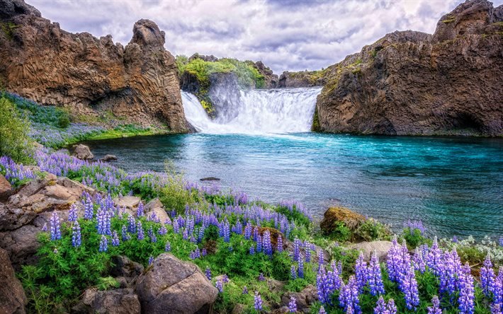 Hjalparfoss, 4k, vattenfall, vacker natur, sommar, Island, Storbritannien, Isl&#228;ndska naturen