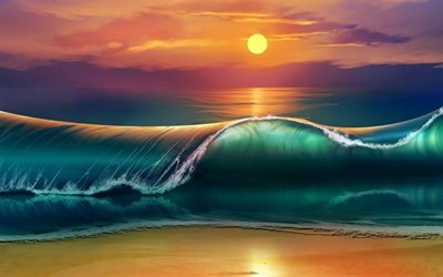 pintado mar onda, arte, pintado p&#244;r do sol, pintado paisagem do mar, ver&#227;o, noite, mar, ondas