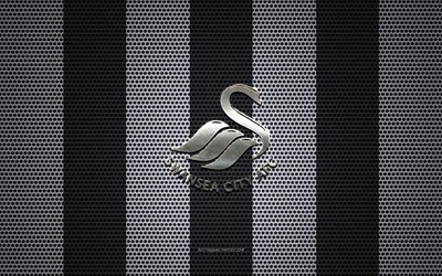 Swansea City AFC logo, English football club, metal emblem, black and white metal mesh background, Swansea City AFC, EFL Championship, Swansea, Wales, football