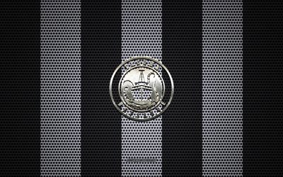 Tacoma Defiance logo, American soccer club, metal emblem, black and white metal mesh background, Tacoma Defiance, USL, Tacoma, Washington, USA, soccer