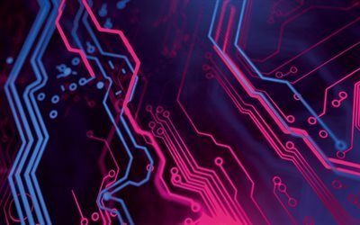 neon line circuit board, neon digital background, pink neon lines, modern technology, printed circuit board, digital background