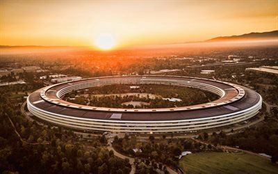 Apple Park, Cupertino, California, evening, sunset, round building, United States, One Apple Park Way, Apple, San Francisco, USA, Apple Campus 2, corporate headquarters of Apple