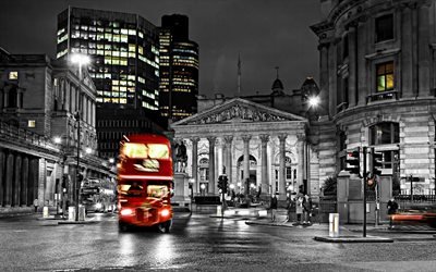 London, 4k, r&#246;d buss, natt, F&#246;renade Kungariket, England, London p&#229; kv&#228;llen, r&#246;d buss i London, svenska st&#228;der