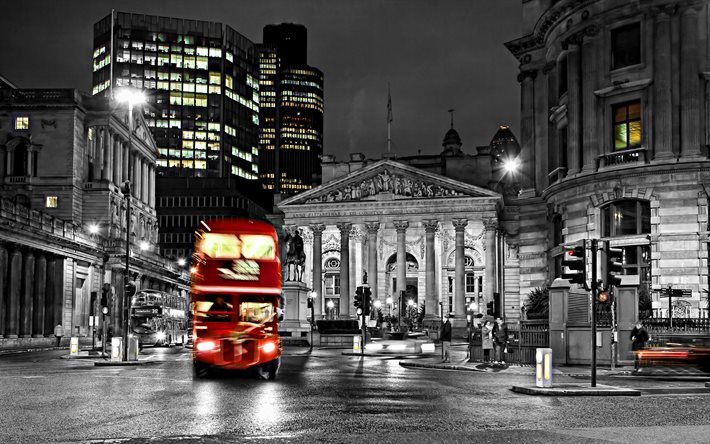 Londres, 4k, rouge bus de nuit, royaume-Uni, Angleterre, nuit, bus rouge de Londres, villes anglaises