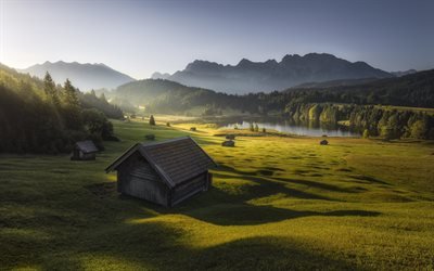 Bavarian Alps, morning, sunrise, mountain landscape, Alps, green meadow, green grass, spring, Germany