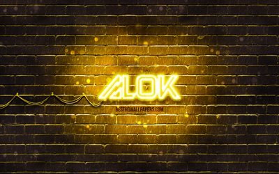Alok giallo logo, 4k, superstar, brasiliano Dj, giallo brickwall, Alok nuovo logo, Alok Achkar Peres Petrillo, Alok, star della musica, Alok neon logo, logo Alok