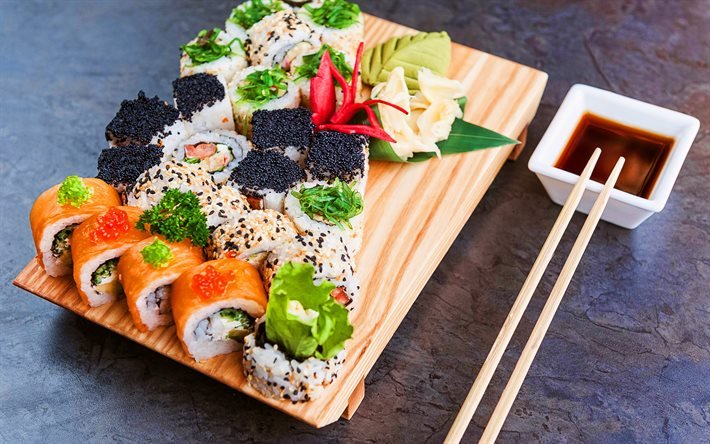 sushi set, sushi rolls, uramaki, rolls with salmon, asian food, bokeh, fastfood, sushi