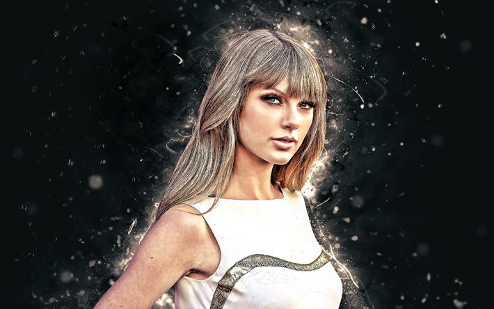 Taylor Swift, 4k, blanco de las luces de ne&#243;n, la cantante estadounidense, estrellas de la m&#250;sica, creativo, Hollywood, american celebridad, superestrellas, Taylor Swift 4K