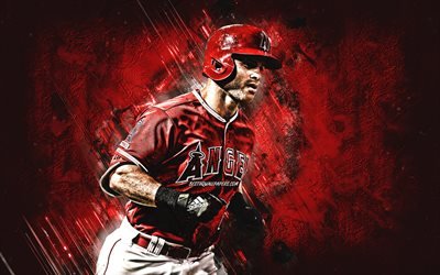 Tommy La Stella, Los Angeles Angels, MLB, american baseball player, portrait, red stone background, baseball, Major League Baseball