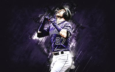 Trevor Story, Colorado Rockies, MLB, Major League Baseball, USA, baseball, purple stone background